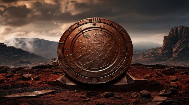 Spartan shield reflects erupting volcano lambda symbol amidst lava landscape