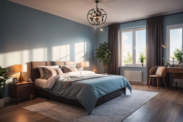 a peaceful bedroom interior with a large window showcasing a natural landscape.