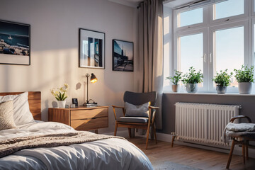 a peaceful bedroom interior with a large window showcasing a natural landscape.