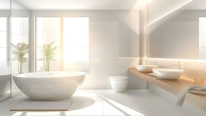 Modern bathroom with white bathtub double sinks panoramic window and minimalist design. Concept Modern Bathroom Design, White Bathtub, Double Sinks, Panoramic Window, Minimalist Decor