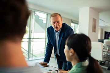 Senior executive discussing project with team members in office