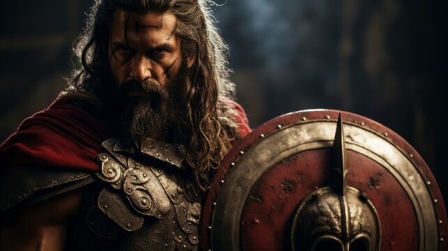 Spartan warrior seeks oracle visions before ancient oracle holding lambda shield