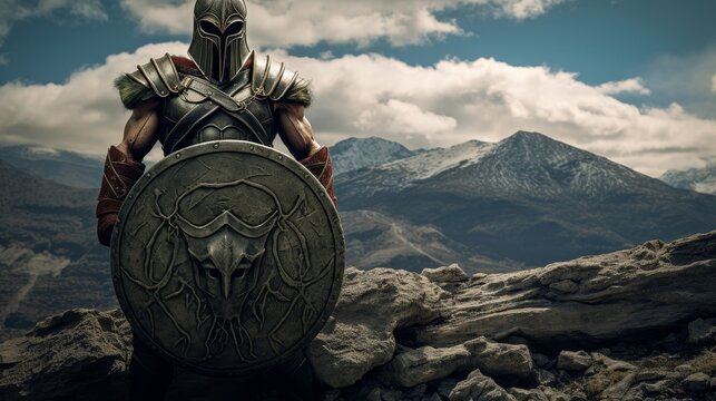 Spartan warrior atop shield-shaped mountain lambda symbol etched symbolizes strength