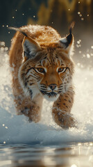 Obraz premium A wild eurasian lynx running in a river, on water. Animal in nature