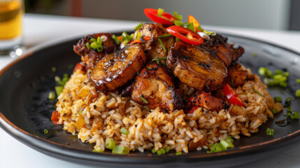 Fototapeta premium Delicious ecuadorian rice with fried plantains, chili, and green onions - a classic south american dish