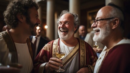 Group of friends enjoying symposium in patterned togas engaging in philosophical discourse and wine