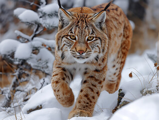 Fototapeta premium A cute and wild eurasian lynx walking in snow at winter in nature.