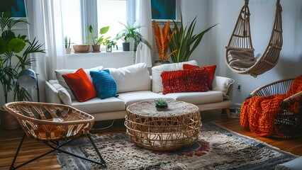 Stylish contemporary bohemian living room featuring a cozy sofa, neutral colors, and plants. Concept Bohemian Decor, Contemporary Living Room, Cozy Sofa, Neutral Colors, Indoor Plants
