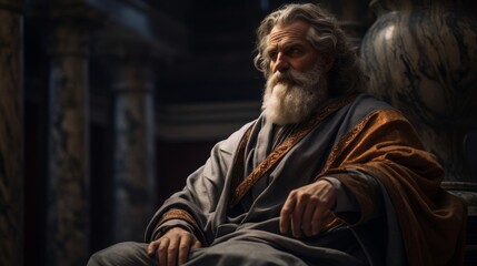 Naklejka premium Toga-clad philosopher in deep meditation robe transforming into portal of wisdom