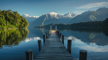 A serene lake with a wooden pier stretching out into the calm waters,surrounded by lush green trees and snow-capped mountains in the distance