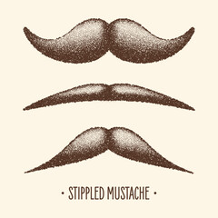Brown stippled vintage mustache. Curly facial hair. Hipster beard. Stippling, dot drawing and shading, stipple pattern, halftone effect. Vector illustration