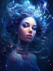 Zodiac sign Aquarius, fantasy woman Greek goddess. Background lake blue water, magic night, moonlight stars. Astrology concept