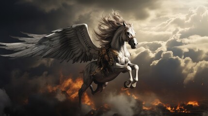 Fototapeta premium Pegasus with Bellerophon ready to battle the Chimera.