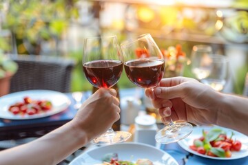 Couple enjoying romantic dinner at restaurant terrace drinking red wine and eating healthy mediterranean food, Lovely couple making cheers with red wine glasses at summer day at terrace