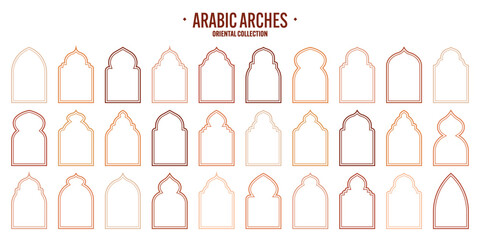 Islamic frames, oriental style objects. Arabic shapes, windows and arches. Traditional ornamental banner, frame. Muslim holidays, Ramadan Kareem. Modern eastern architecture. Vector illustration