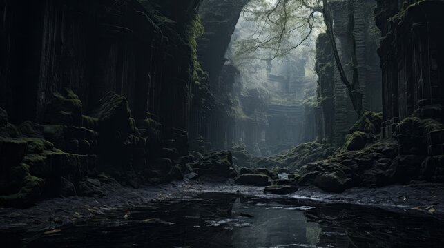 Underworld realm with River Styx and wandering souls.