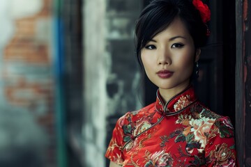 Fototapeta premium Portrait of a beautiful woman adorned in a red, floral-patterned chinese qipao, exuding grace and culture