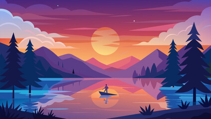 A quiet lake at sunset where you can paddle board and watch the sky change colors as you tone your muscles.. Vector illustration