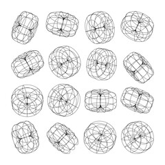 Wireframe lined shapes. Perspective mesh, 3d grid. Low poly geometric elements. Retro futuristic design elements, y2k, vaporwave and synthwave style. Vector illustration