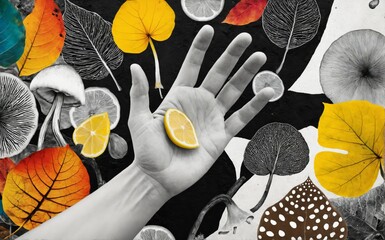 surreal collage of nature and citrus fruit