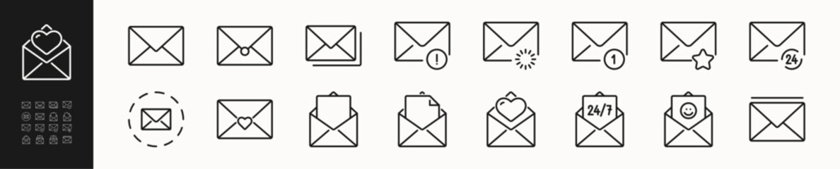 Message and letter line icons set 2. Mail, note, document, writing, communication sign or symbol. Isolated on a white background. Pixel perfect. Editable stroke. 64x64.