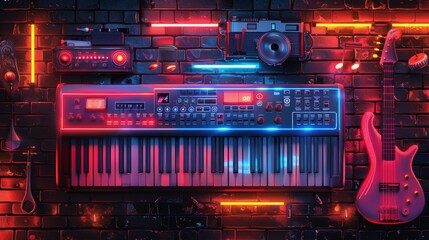 Fototapeta premium Neon Guitar on Top of Keyboard