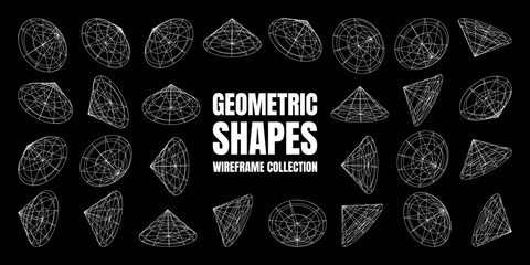 Wireframe lined shapes. Perspective mesh, 3d grid. Low poly geometric elements. Retro futuristic design elements, y2k, vaporwave and synthwave style. Vector illustration