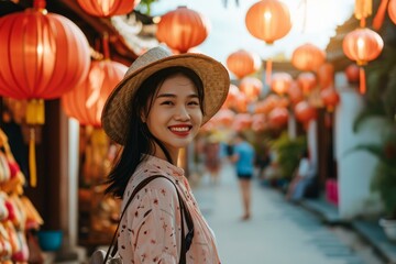 Happy young woman with hat smiling at cultural festival with red lanterns