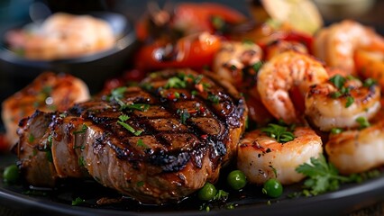 Delicious surf and turf dish with fresh ingredients beautifully presented. Concept Surf and Turf, Gourmet Dish, Fresh Ingredients, Beautiful Presentation, Culinary Art