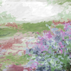 Impressionistic Digital Painting or Art of Mountains & Valley or Meadow with Blooming Flowers at the Forefront, Art, Illustration, Artwork, Design
