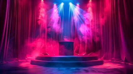 3D stage podium with red light spotlight and curtain for theater show. Concept Theater Set Design,...