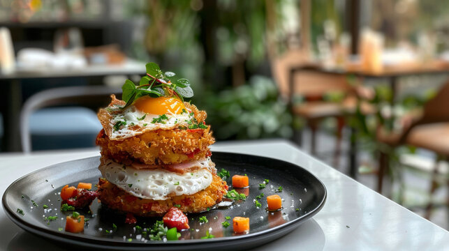 Traditional ecuadorian llapingachos with a fried egg, accompanied by aji and fresh herbs, served in a charming restaurant atmosphere