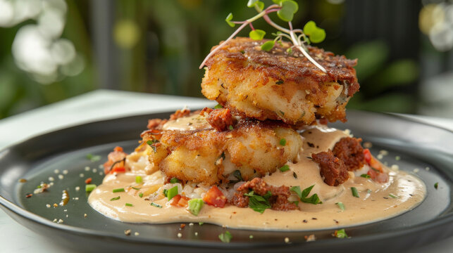 Authentic ecuadorian llapingachos served with spicy aji sauce, garnished with microgreens and chorizo, on a modern black plate