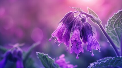 Blooming Comfrey Flower in Nature. Purple Blossom of Symphytum Officinale Plant Sharpene