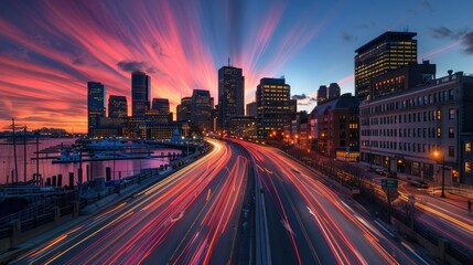 Traffic at Sunset: Capturing the Modern Cityscape and Famous Landmarks with Light Trails