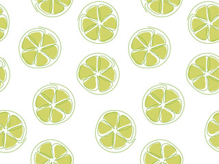 Green Lime slices seamless pattern. Doodle abstract citrus fruit background. Template for lemonade juice packaging, wallpaper