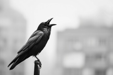 Naklejka premium Black Crow Cawing on a Stick. Isolated in Urban Background