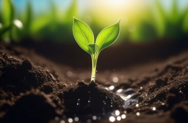 Green sprout sprouts from the ground in backlight with water drops, ecology concept