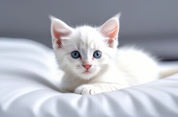 Beautiful white kitten lies on a white sheet