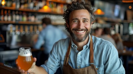 Portrait of smiling brewer with glass of beer at the manufacturing