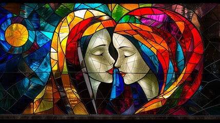 A stained glass window with two women kissing.