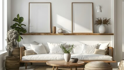 Modern living room featuring wooden shelf displays, vases, and white wall decorations. Concept Living room decor, Modern design, Wooden shelves, Vases, White wall art