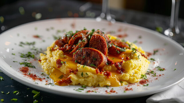 Authentic ecuadorian llapingachos served with spicy chorizo, garnished with a sprinkle of herbs on a white plate, culinary delight