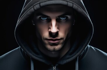 Portrait of a male criminal in a hood, dark background, remote fraud