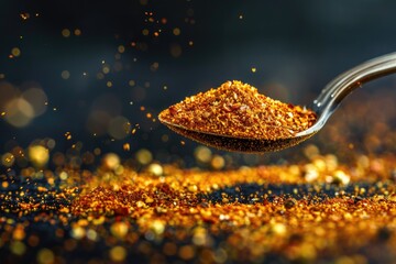 Cajun Spice Blend Spilling from Teaspoon on Colored Background. Close-up of Delicious Seasoning