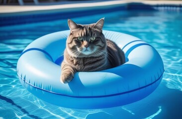 cat on an inflatable ring floats in the pool, humor vacation concept