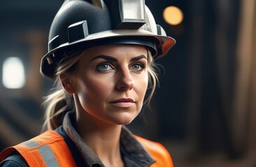 Woman worker miner in uniform and helmet, portrait against the background of the mine