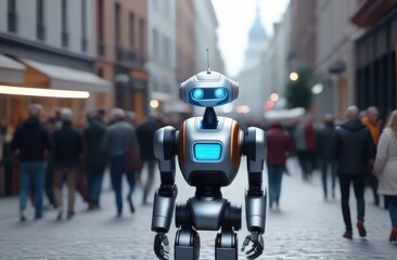 Robots walk along the city streets among people, futuristic concept