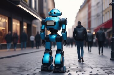 Robots walk along the city streets among people, futuristic concept
