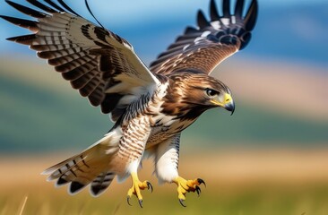 Bird of prey hawk in the process of flight close-up